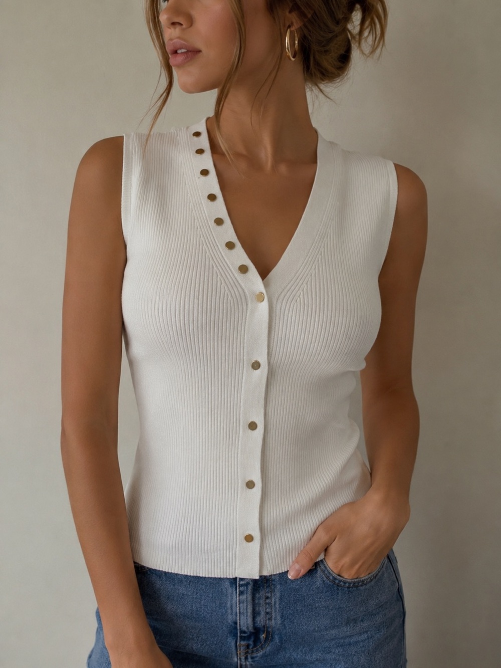 Contempo Sleeveless V-Neck Ribbed Tank with Gold Buttons - White